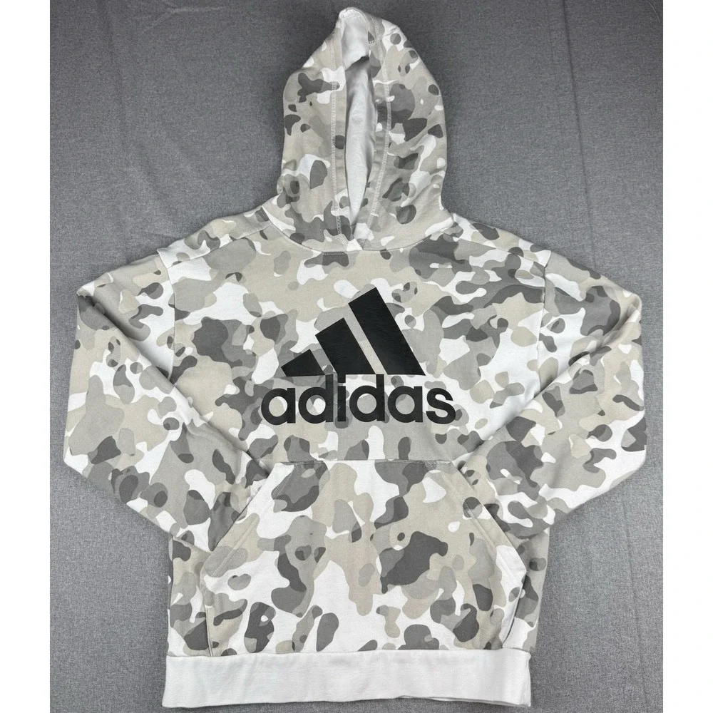 Adidas Camo Hoodie Large Gray White Pullover Fleece Logo Sweatshirt
